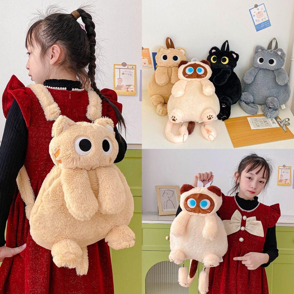Large Capacity Cartoon Backpack Big Eyes Cat Funny Plush Toy Bag Plush Cat Shoulder Bag  Girl