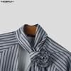 INCERUN Elegant Men Flower Tie Up Neck Long Sleeve Striped Casual Shirts Tops