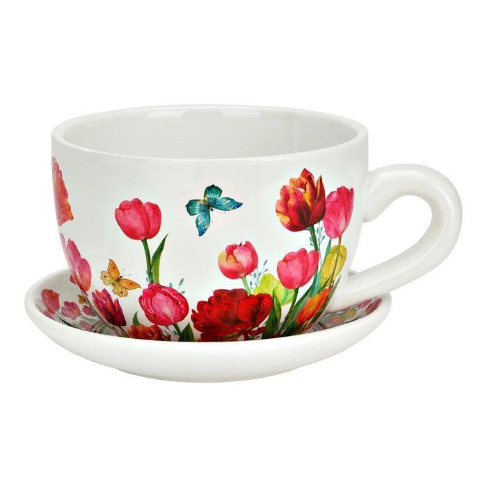 Pot de fleurs - EDEN - Tulipes - Décor floral rouge - Céramique - 20 x 15 x 12 cm