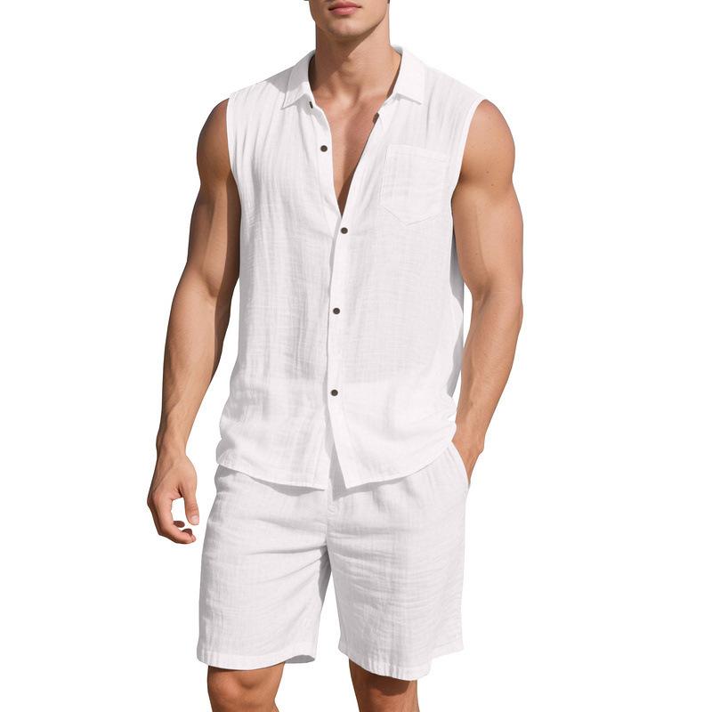 Loose Linen Sleeveless Collared Beach Shirt Casual Summer Fashion for Men Open Cardigan Style Clothing
