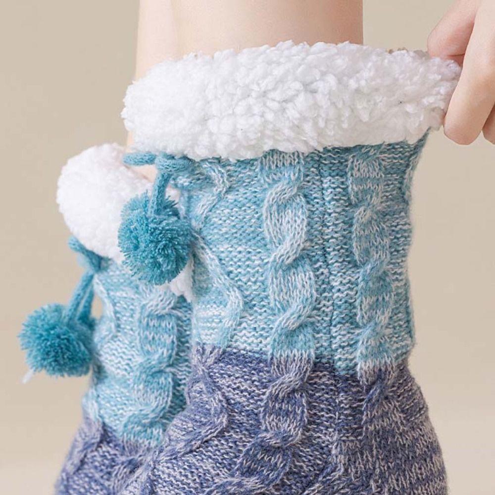 Meias de Chão de Pelúcia Tricotadas Meias de Lã Antiderrapantes Meias de Inverno Macias Listradas Femininas Casa