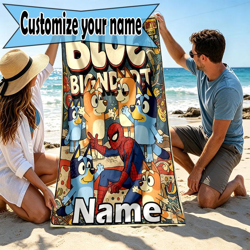 Custom Name Personalized Bluey Print Beach Towel, for Trip Camping Beach Party Home Decor, Birthday Gift for Family & Friends