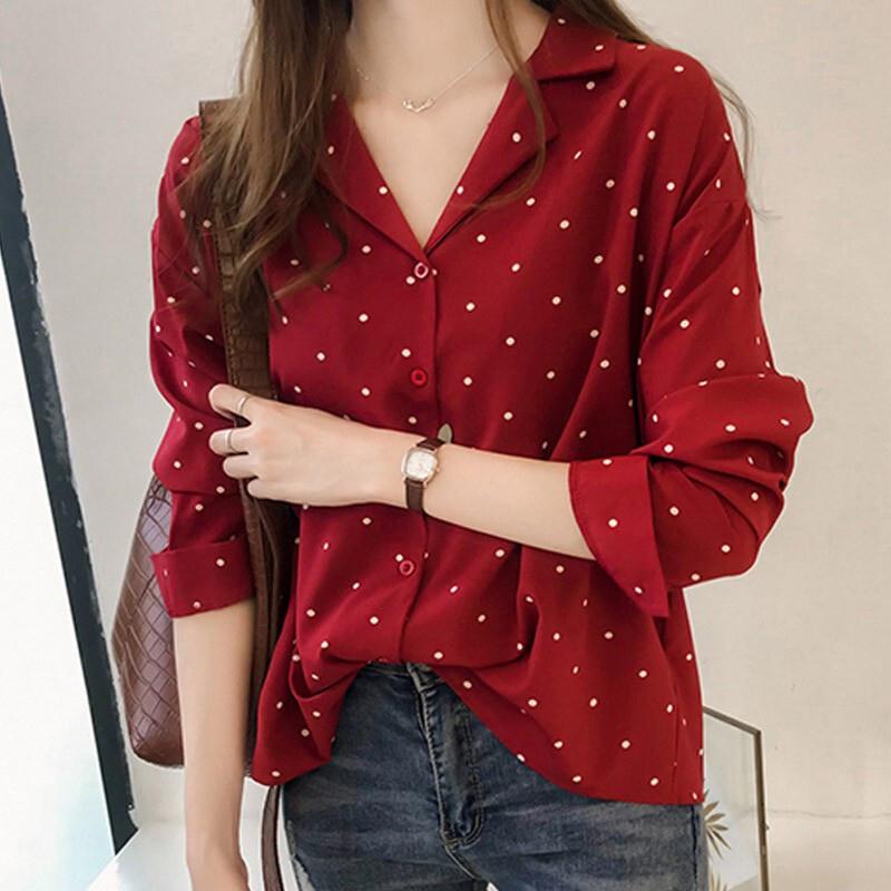 Women Polka Dot Printed Chiffon Blouse Long Sleeves Tops