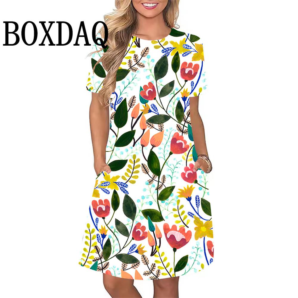 Women's Dresses Sweet Lemon Floral Print A-Line Dresses Plus Size Female Summer Loose Pocket Dress Sundress Beach Style