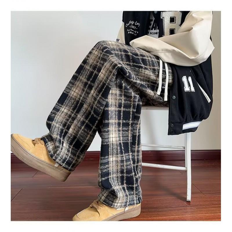 Mens Vintage Plaid Wool Blend Pants Fall Winter Fleece Lined Wide Leg Loose Casual Trousers