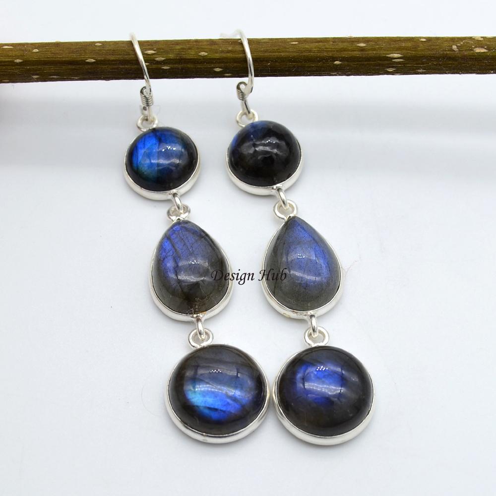 Labradorit Gemstone Solid 925 Sterling Silver Designové ručně vyráběné visací náušnice pro ženy