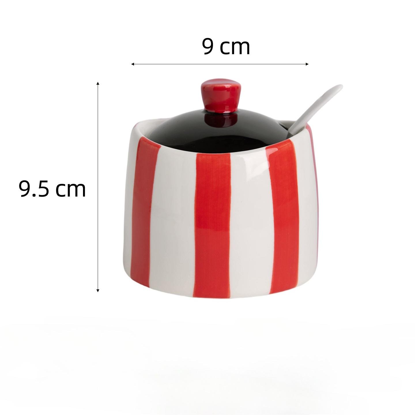 

Retro Polka Dot Stripe Ceramic Spice Jar with Lid Spoon Cute Kitchen Seasoning Storage Container Home Countertop Sugar Salt Jar