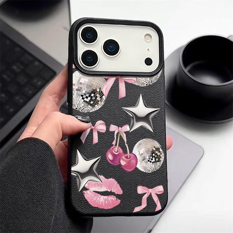 Cherry Bowknots Lips Disco Ball Pattern Case For iPhone 17 Pro Max iPhone 16 Pro Max 15 14 13 12 11 16E Air Luxury Leather Texture Silicone Cover