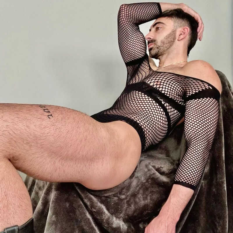 Men's Sexy One-Piece Elastic Lingerie Fishnet Gay Long-Sleeved Hip Tights V Neck Black Erotic Clothes