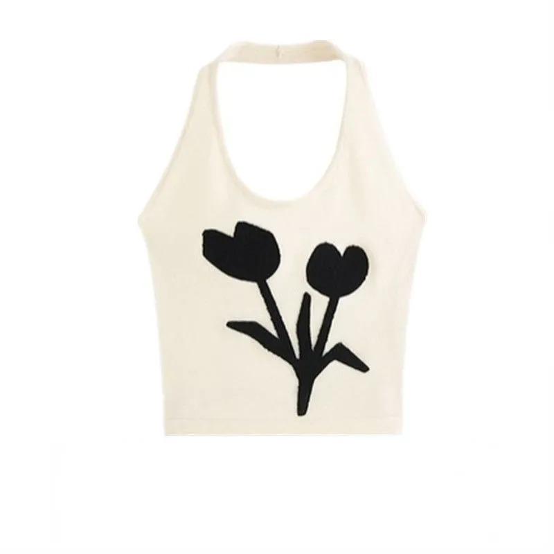 Womens Abstract Tulip Print Halter Neck Crop Top S бежевый