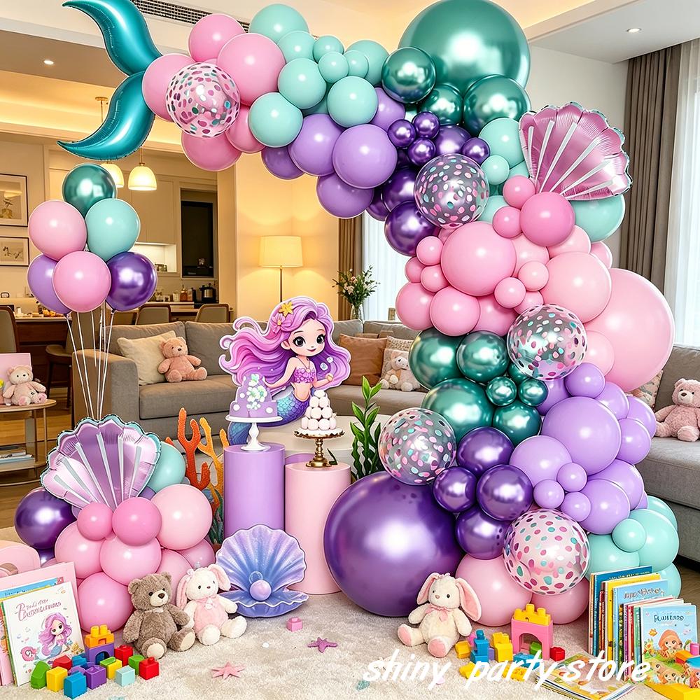 Mermaid Balloon Garland Arch Kit Pastel Pink Purple Seashell Foil Balloon Set Birthday Baby Shower Ocean Theme Party Decor