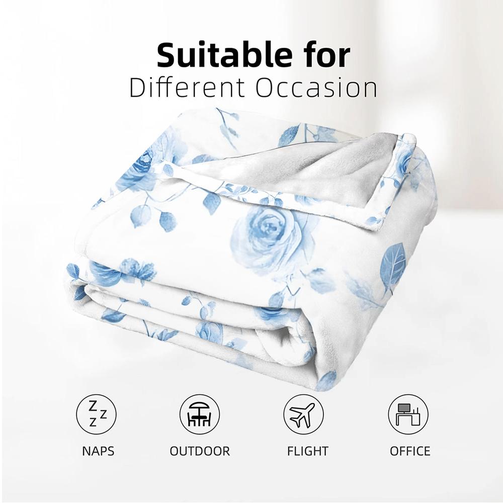 Blue Rose Watercolor Cartoon Anime Print Flannel Blanket Soft Warm Throw for Kids Bedroom Sofa Christmas Office Car
