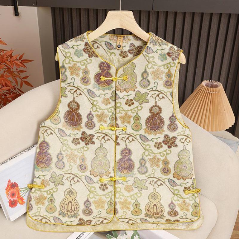Dames Retro Chinese Kalebas Jacquard Vest, Lente/Herfst Ronde Hals met Kikkerknopen
