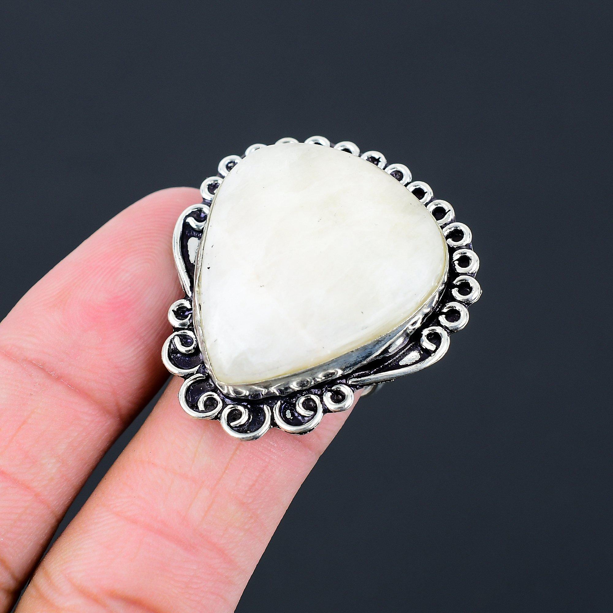 Friendship Day Sale 925 Silver Natural Rainbow Moonstone Birthday Statement Ring 9