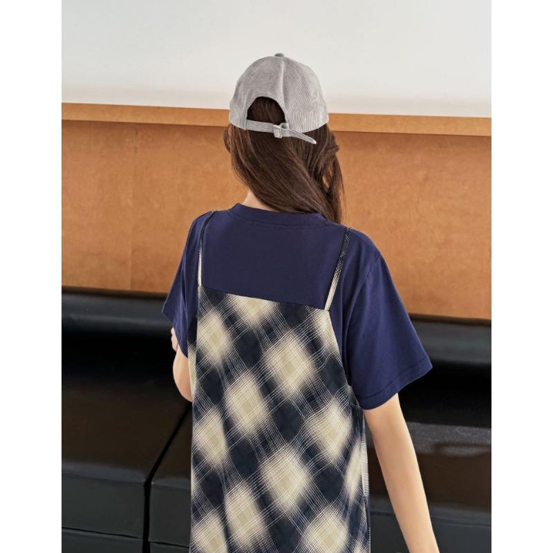 DIMANAF Women 2025 New Summer Plus Size Casual Plaid Short Sleeve Dress Basic Loose Long Dress Maxi