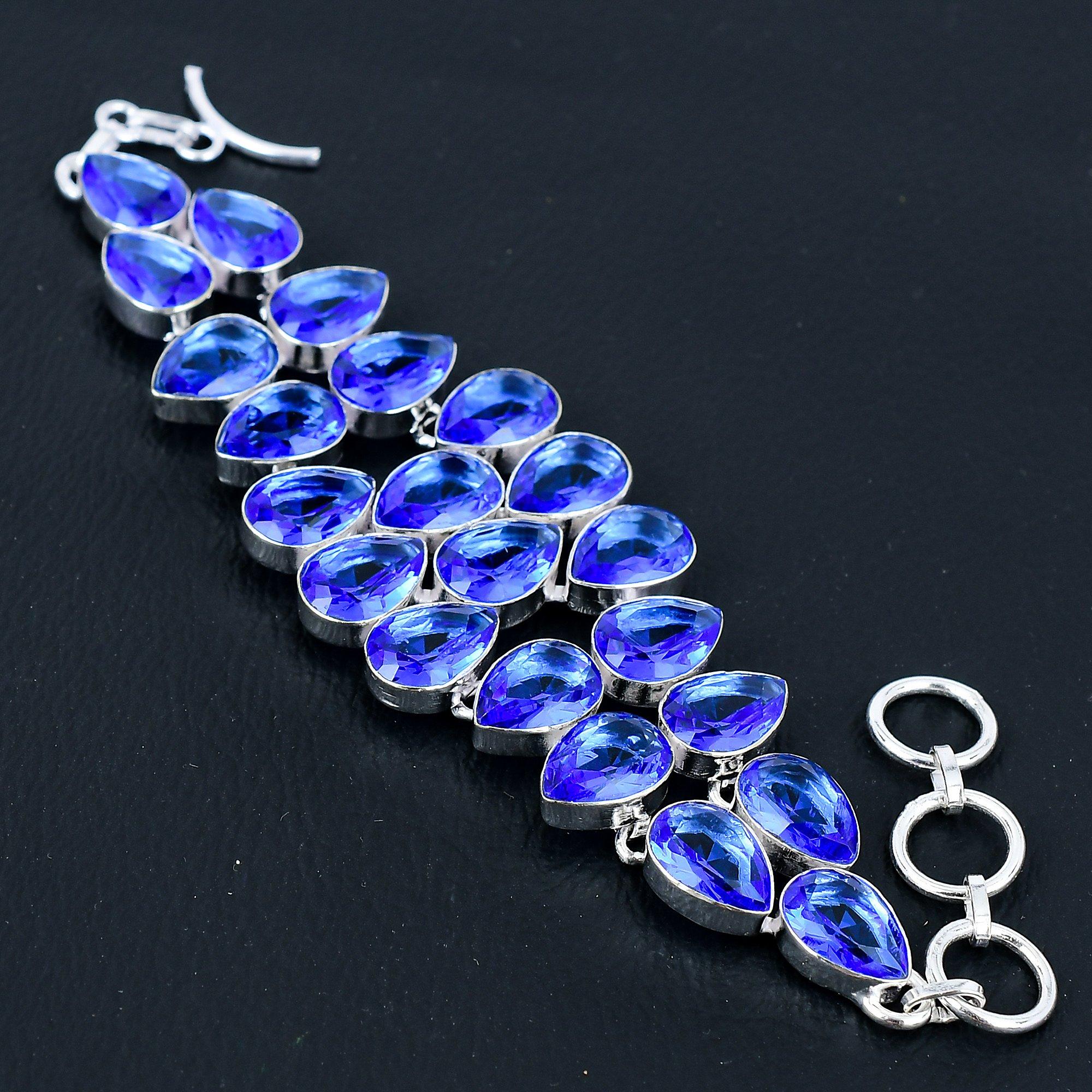 

Браслет из стерлингового серебра 925 пробы с морским голубым топазом ручной работы, серебряный браслет с драгоценным камнем, браслет с морским голубым топазом, браслет унисекс 8 синий