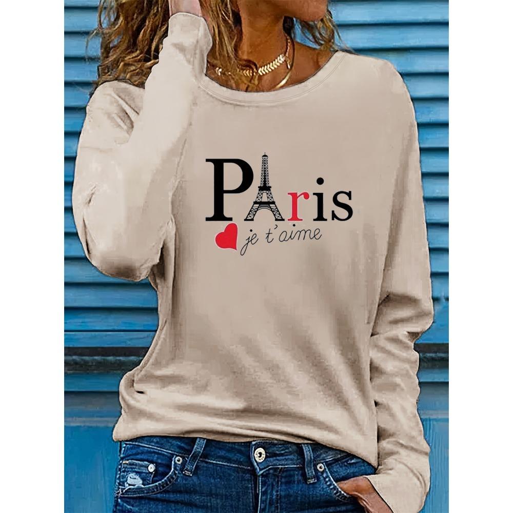 Women's Spring and Autumn Fashion Comfortable Long Sleeve Paris Eiffel Tower Pattern Printed Round Neck T-shirt