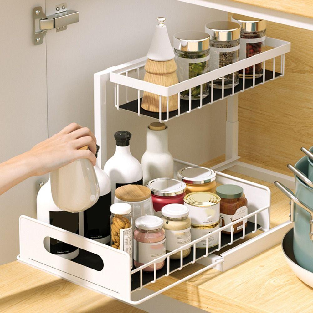 Carbon Steel Under Sink Organizer Slide Out Sink Shelf Metal Sliding Drawer  for Kitchen Bathroom