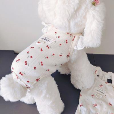Cherry Print Dog T-Shirt with D-Ring Lace Ruffle Cap Sleeve Girl Puppy Clothes Breathable Summer Pet Vest for Small Medium Dogs Cats
