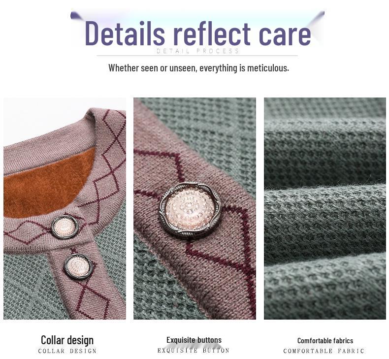 Women's Fleece-Lined Knitted Cardigan for Autumn/Winter - Ideal for Middle-Aged and Elderly.