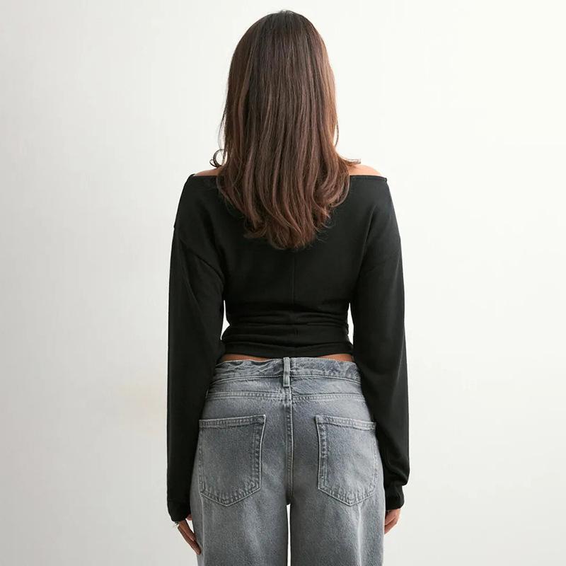 Y25TP365 Women's One-Shoulder Batwing Sleeve Waist-Cinched Solid Color Autumn Pullover Top