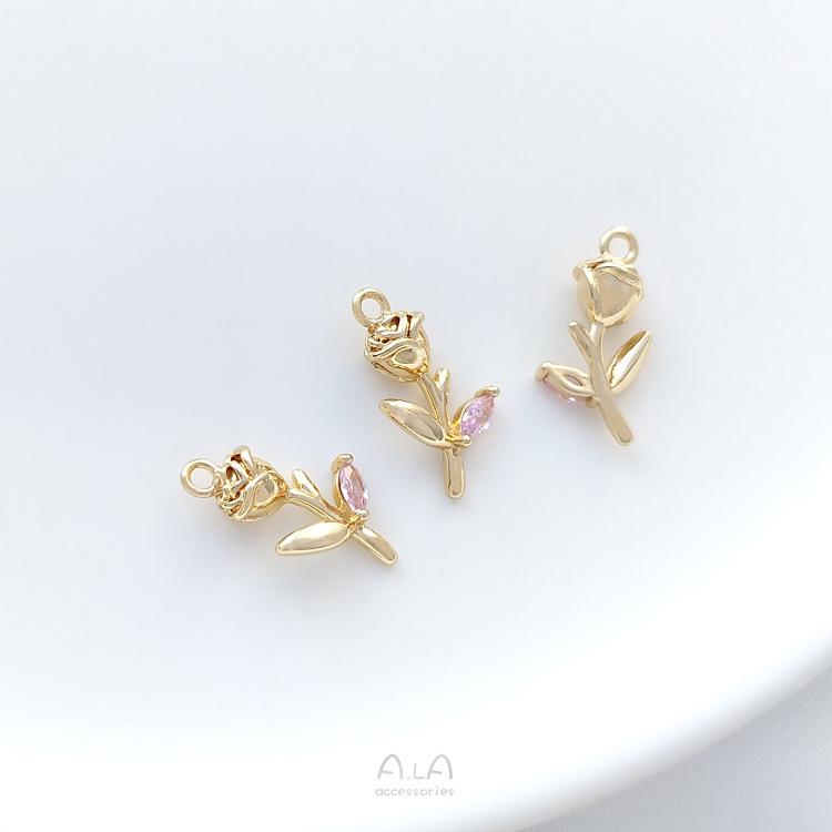 14K Gold-Filled Zircon Rose Pendant: Handmade Branch & Leaf Charm for DIY Jewelry