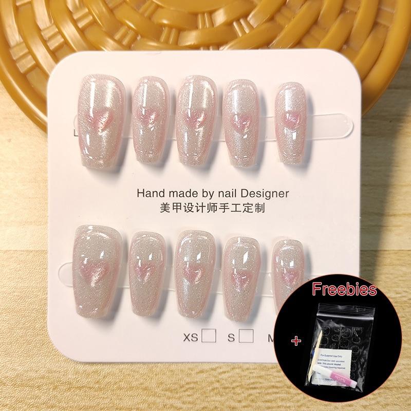 

100% РУЧНАЯ РАБОТА, набор накладных ногтей в форме трапеции в форме гроба с клеем, телесный цвет, ручная роспись, кошачий глаз, сердце, пресс на ногтях, многоразовые и съемные M