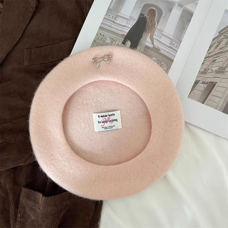 

Early autumn wear~ bow wool beret women s Japanese sweet and versatile temperament retro fashion painter hat tide One size fits all рожевий