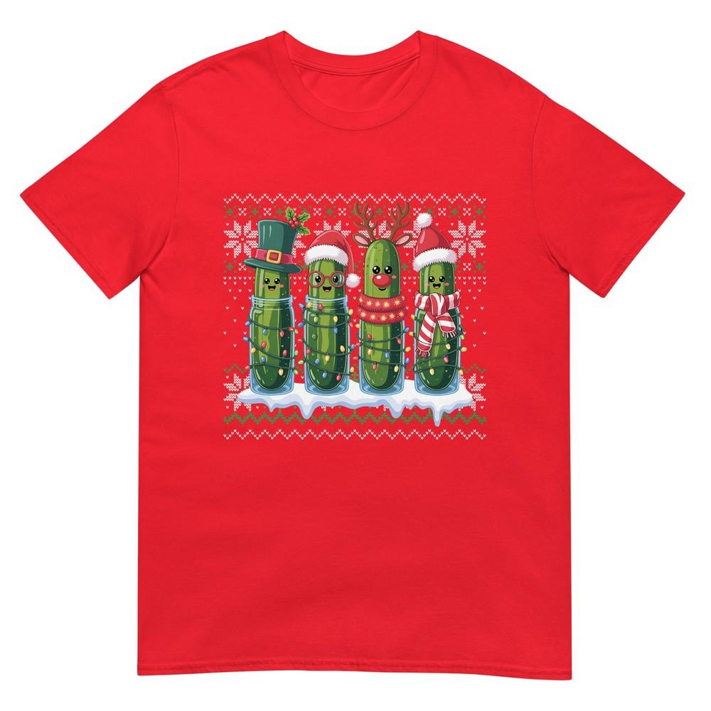 Funny Pickles Christmas Lights Santa Hat Xmas Ugly Sweater TShirt S