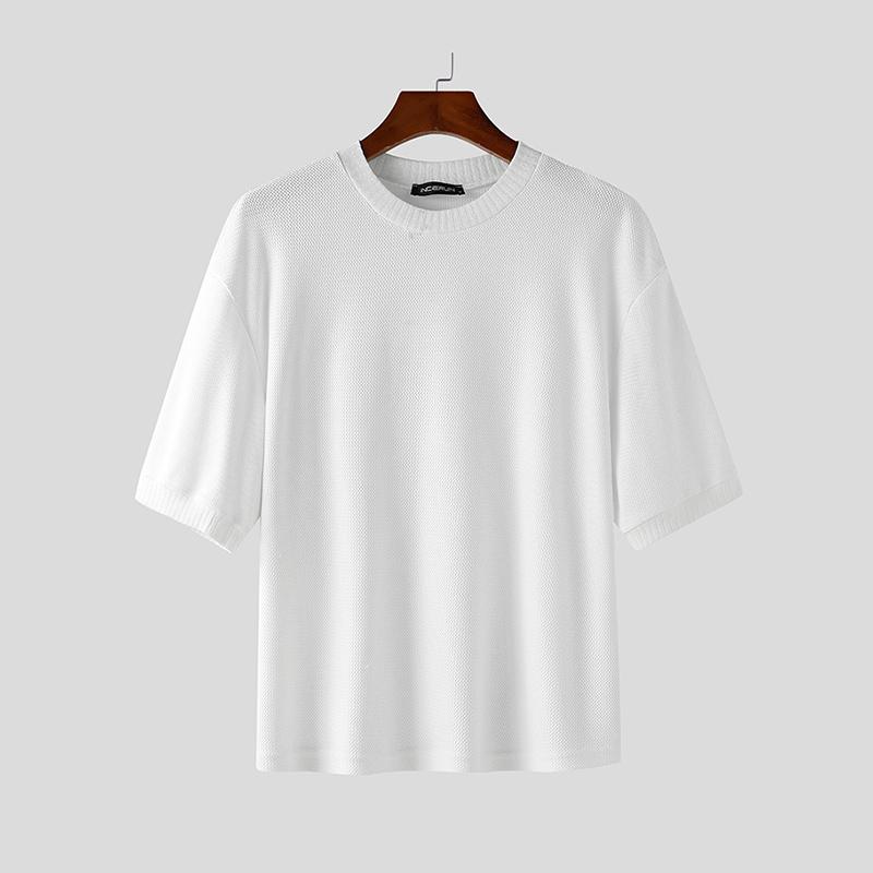 INCERUN Summer Men O-Neck Short Sleeve Stitching Texture Hollow Casual Loose Tops T-shirts