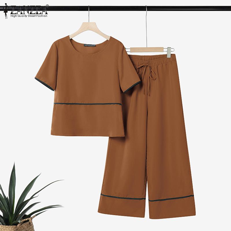 ZANZEA Women Short Sleeve Blouse and Pants Summer Two Piece Suit Sets