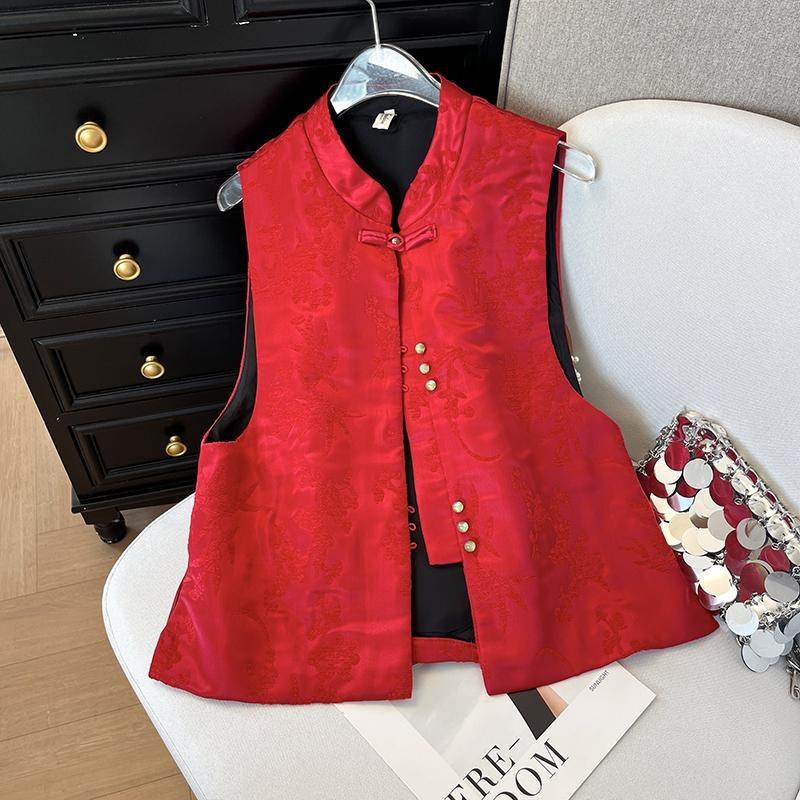 

2025 праздничный жилет для мамы высокого класса, темпераментный топ-жилет на пуговицах с жаккардовым узором и воротником-стойкой 3XL ([Recommended 138-75kg]) красный