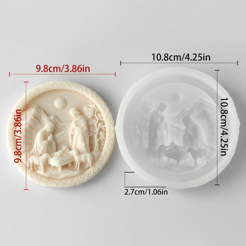 

3D Nativity Scene Mold, Round Silicone Jesus Birth Candle Mould, Resin Fondant Gypsum Plaster Wax Soap Chocolate Crafting DIY