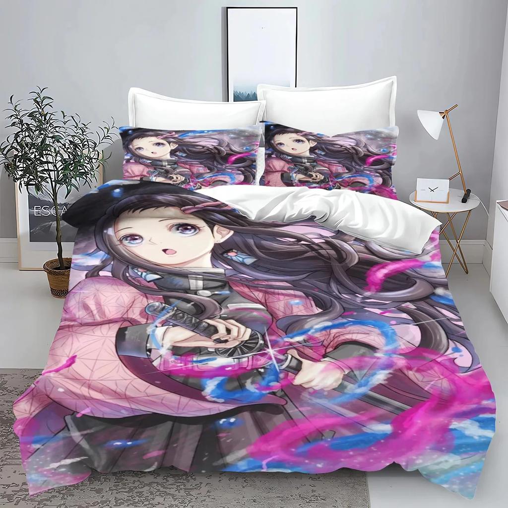 Demon Slayer Kimetsu no Yaiba kamado Nezuko Anime 100% Polyester Bettwäscheset Bettbezug-Set Gedruckte Cartoon Heimdekoration