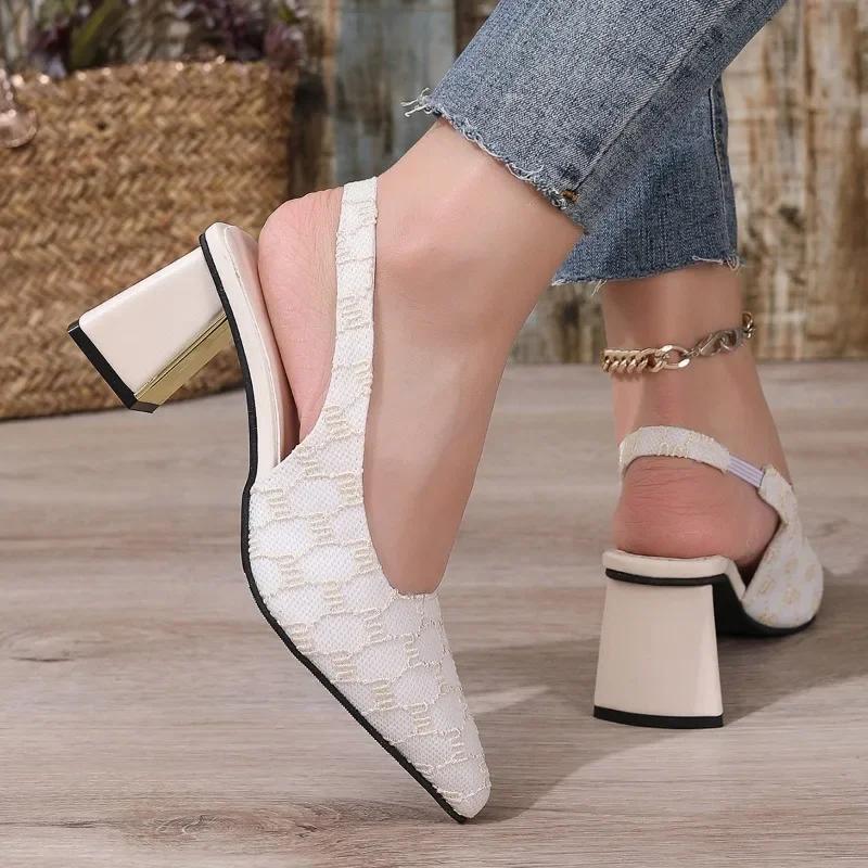 Fashion Women's High Heels 2025 New Fashion Pointed Toe Shallow Chunky Heels Classic Outdoors Concise Slingbacks Shoes for Sandals