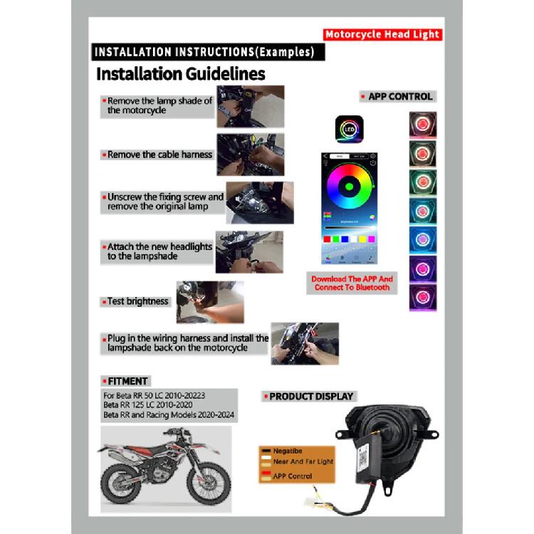 Motorcycle V6 Headlight APP Control Angel Eye Light Pit Dirt Bike For Beta 50 125 250 300 Universal Mounting Accessories Racing