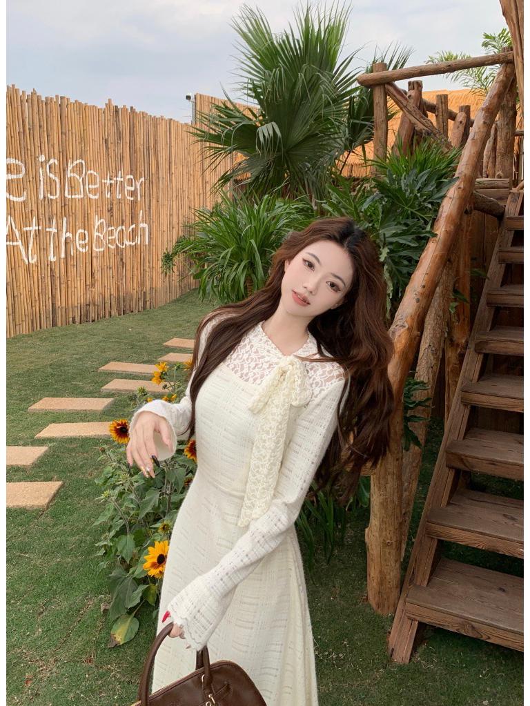 Women's High Neck Lace Crochet Dress with Bow Tie Waist, Long Sleeve, New 2026 Style
