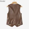 ZANZEA Women Casual V-Neck Sleeveless Faux PU Leather Cardigan Vest