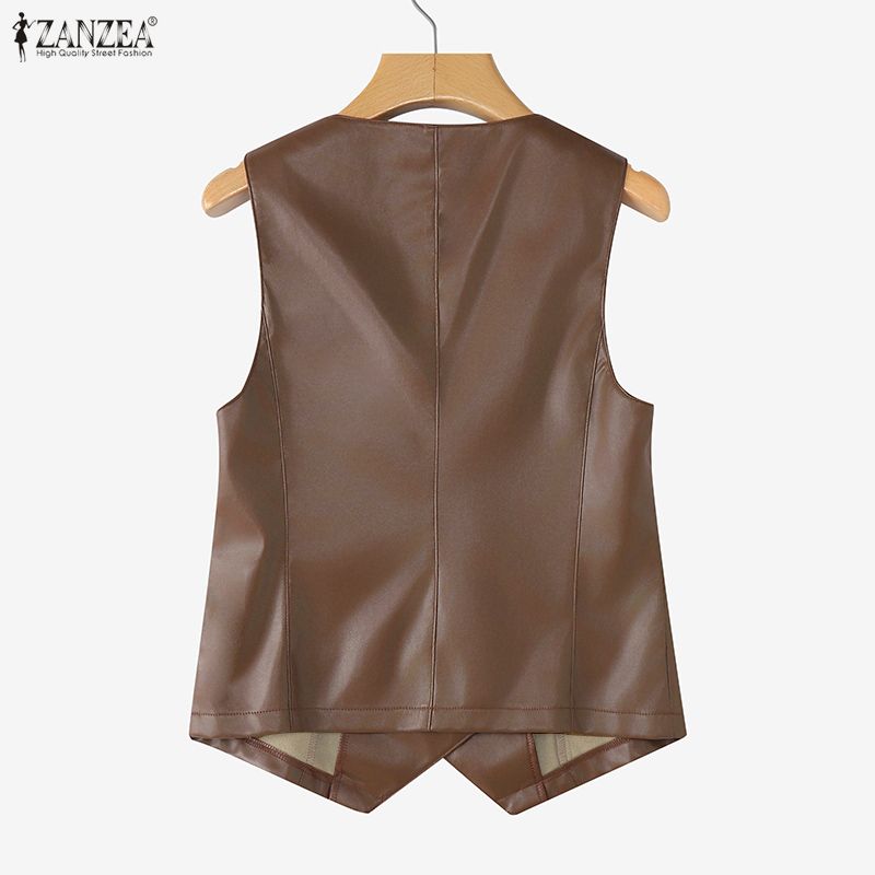 ZANZEA Women Casual V-Neck Sleeveless Faux PU Leather Cardigan Vest