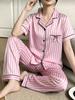 Conjunto de Pijama de Satén Rayado Sedoso para Adolescentes Negro con Ribete Bordado de Lazo Solapa Manga Corta y Pantalones Largos Verano Dulce Ropa de Dormir para 8-12 Años