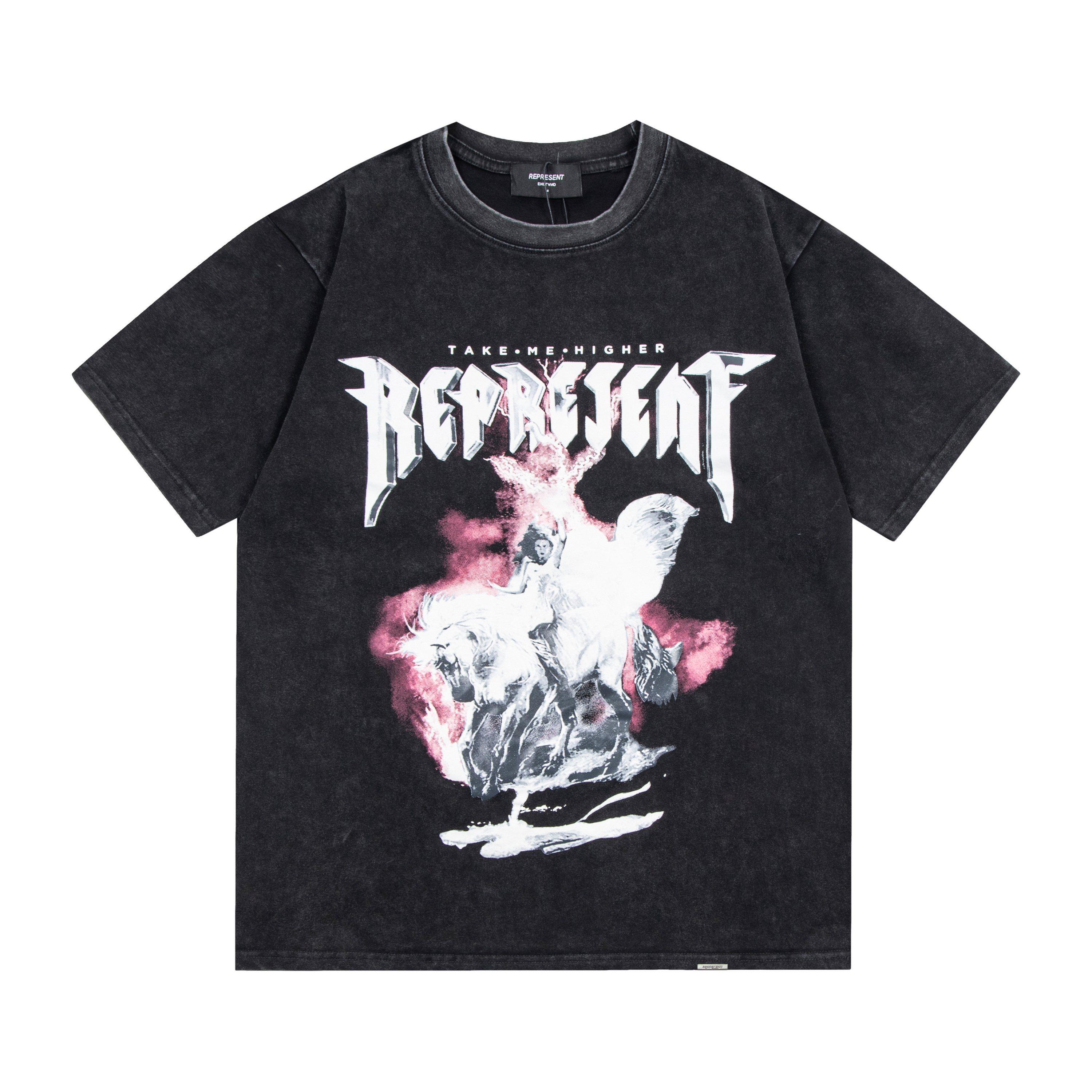 Summer Men s and Women s Represent  Take Me Higher  Pegasus T-Shirt Vintage Washed Streetwear S