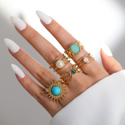 11Pcs/Set Fashion Green Nature Stone Metal Rings for Women New Multi Layer Stacking Wearing Pearl Rings Charm Jewelry Wholesale