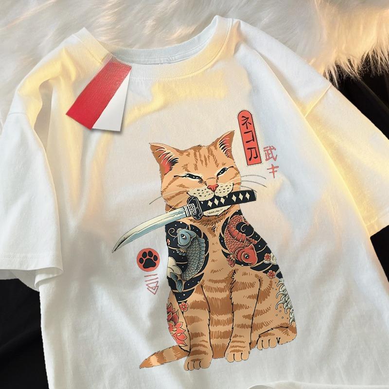 

2026Japanese Harajuku Samurai Sword Cat T-Shirt Unisex Women Casual Tee Clothes Cotton Summer Tops Breathable T-Shirts Couple 4XL