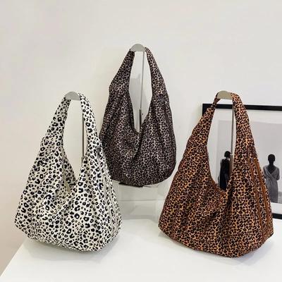 Bolsas de ombro de tecido de leopardo com zíper de nylon, bolsas duráveis para mulheres, bolsa tote clássica casual e da moda