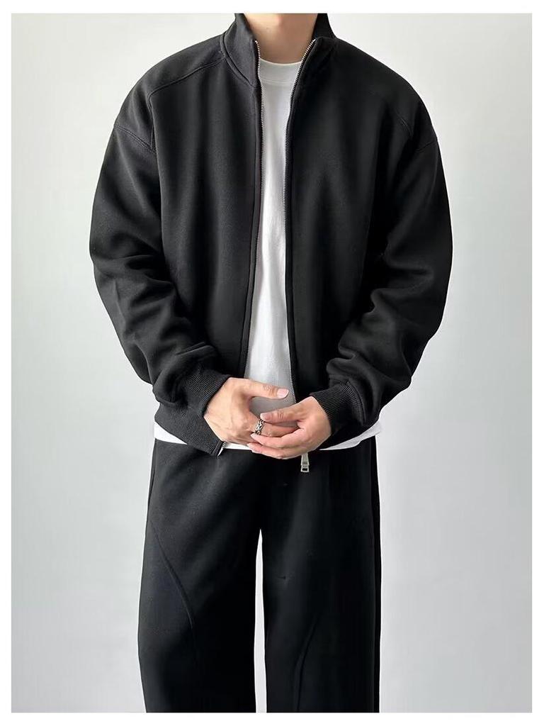 Men's Double Zipper Stand-up Collar Cardigan Hoodie - 2025 Casual Solid Color Outerwear for Spring & Autumn
