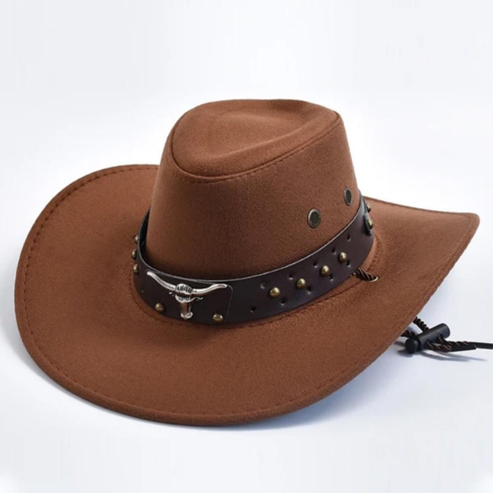 

Western Cowboy Hats Ox Head Belt Rivet Fedora Hat Big-edge Cowgirl Hat Artificial Suede Cap Men Women Outdoor Travel Sun Caps