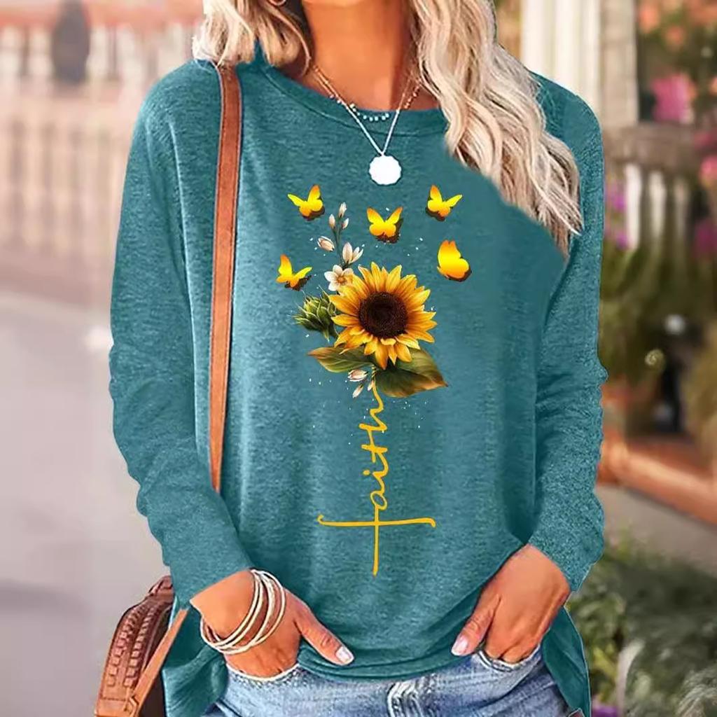 Round Neck 3D Printed Sunflower Pattern Top Fashionable Casual Long Sleeved Women's T-shirts