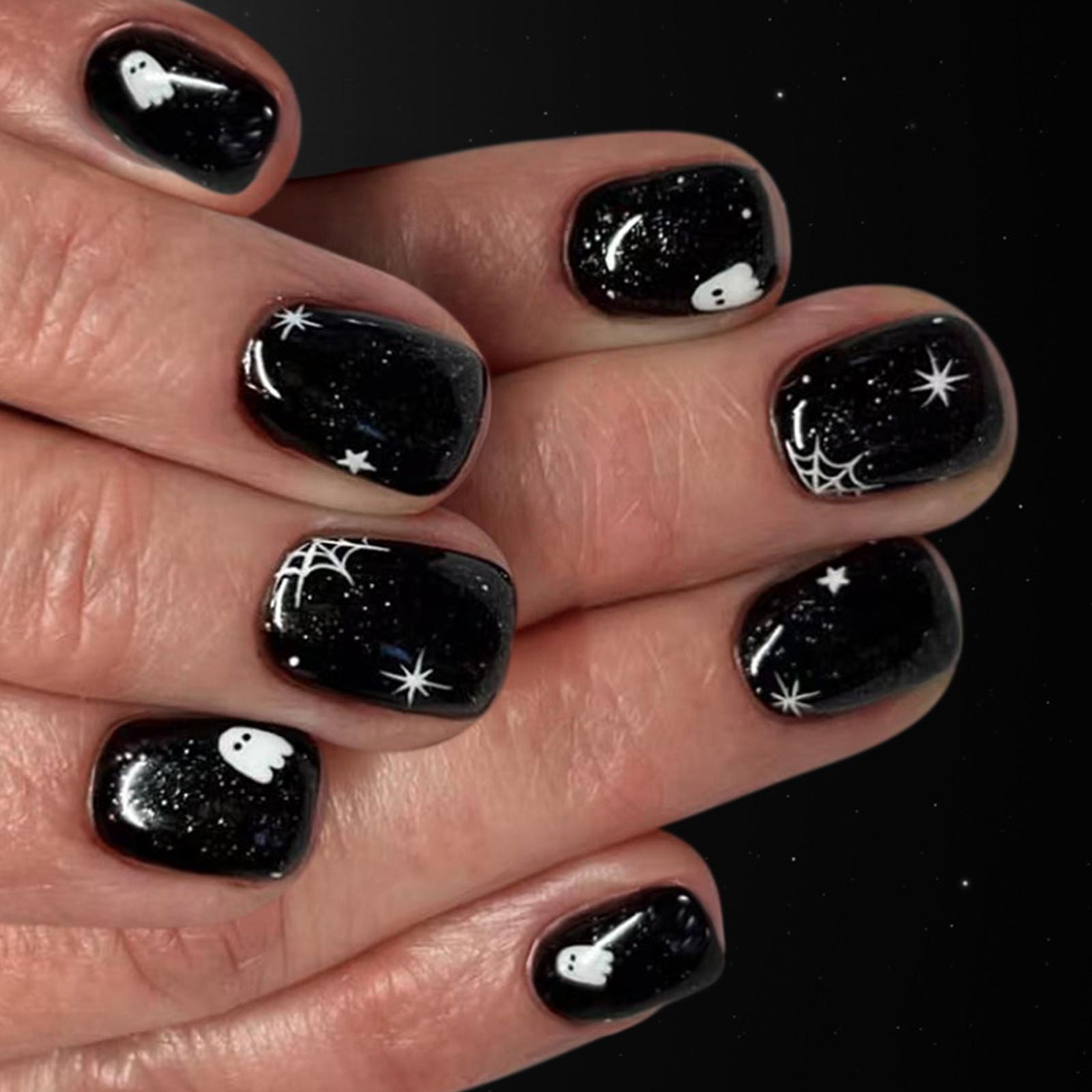 

24 шт. Короткие квадратные накладные ногти Паутина Накладные ногти Хэллоуин Акриловые ногти Глянцевые Полное покрытие Наклейки для ногтей для женщин