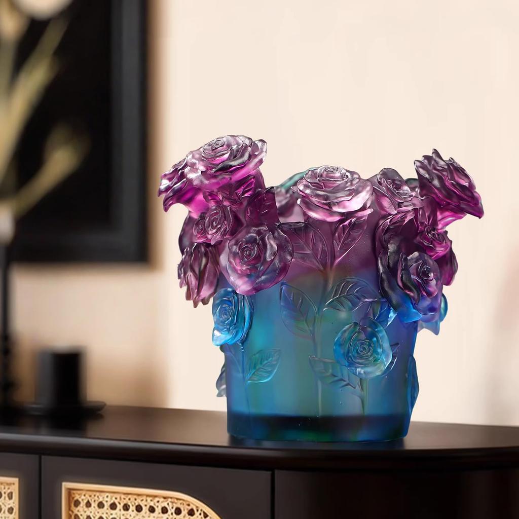 6.7" Artisan Crafted Colorful Glass Liuli Rose Candle Holder Vase with Blue Purple Gradient for Romantic Decor and Gift