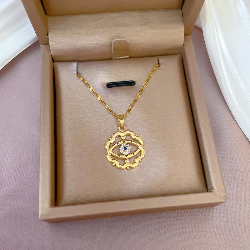 Titanium Steel Light Luxury Full Diamond Micro-Inlaid Zircon Devil S Eye Necklace Copper Electroplated Real Gold Pendant